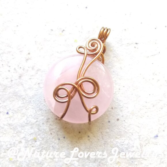 🍂🍁🍃 3/$25! Rose Quartz Coin! Small + Feminine Wire Wrapped Pendant - Picture 1 of 9